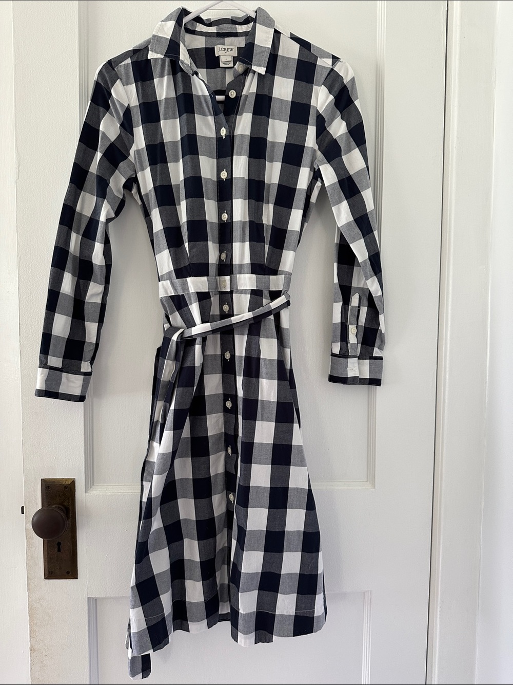 J. Crew Blue and White Gingham Long-Sleeve Shirt Dress